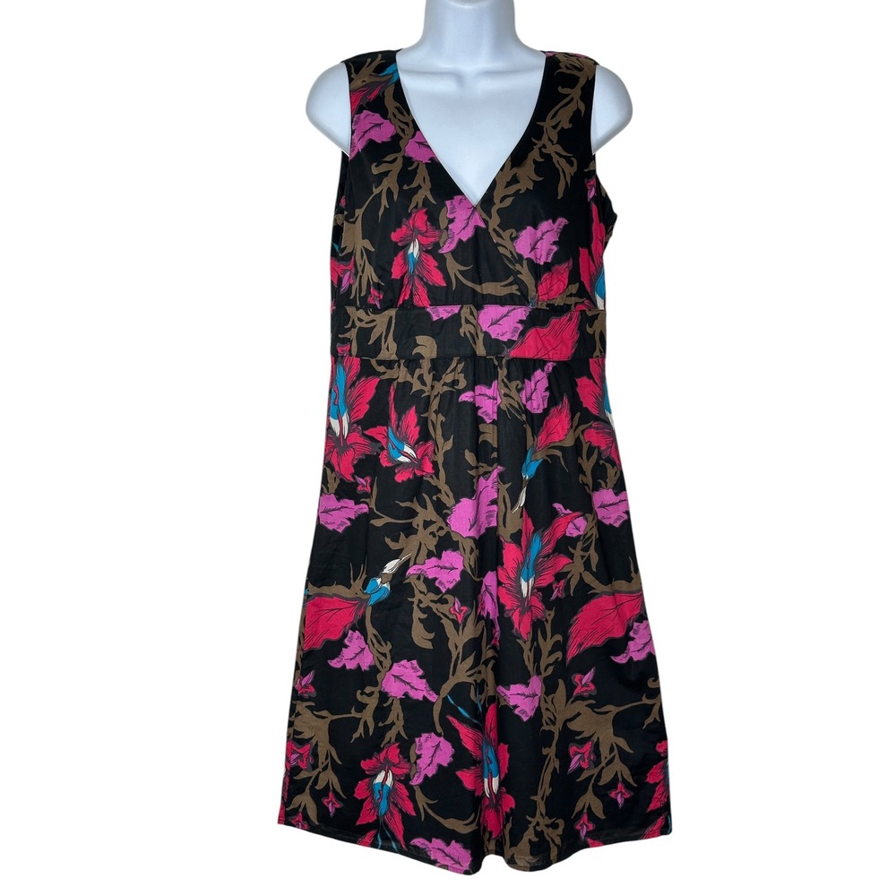 Esprit Floral Empire Waist Dress 8 Black Pink Tropical Cotton Sleeveless V-Neck